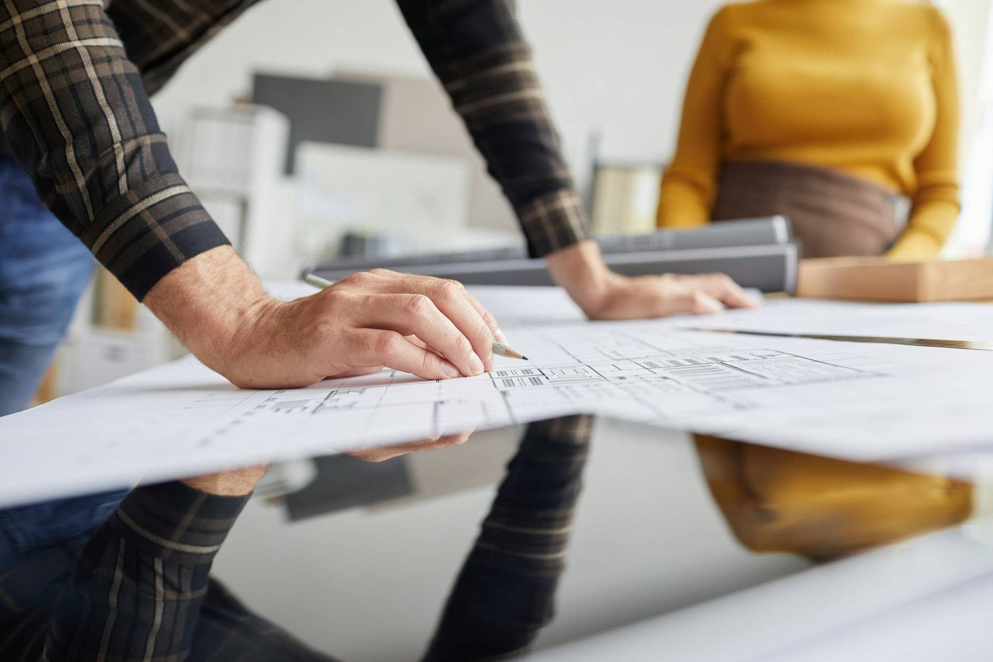 Male Architect Working at Drawing Desk Closeup